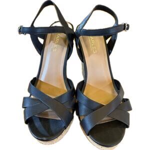 Charles David Womens Black‎ Strappy Espadrille Cork Wedge Sandals Ankle 7M